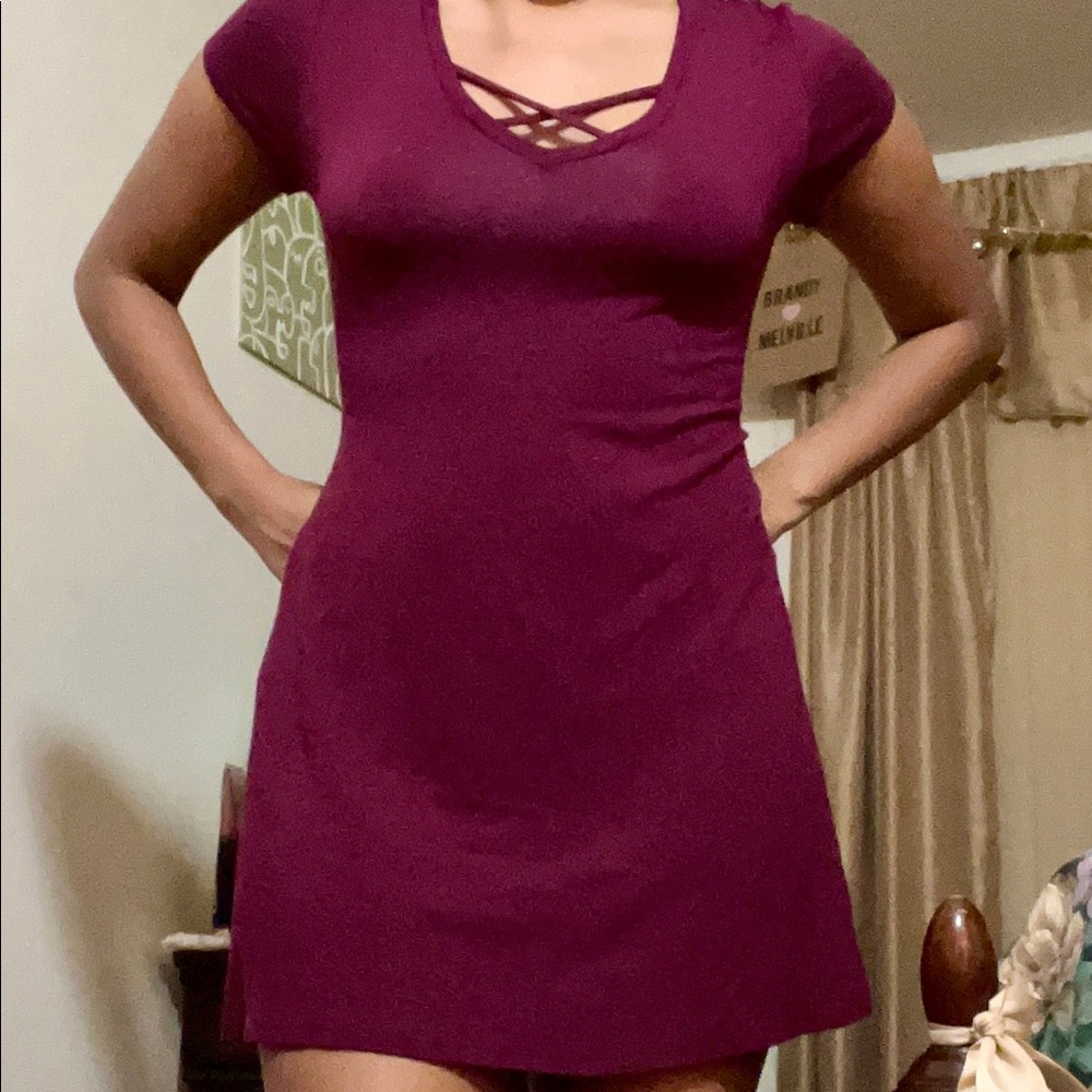 burgundy flowy dress with cross neck detail